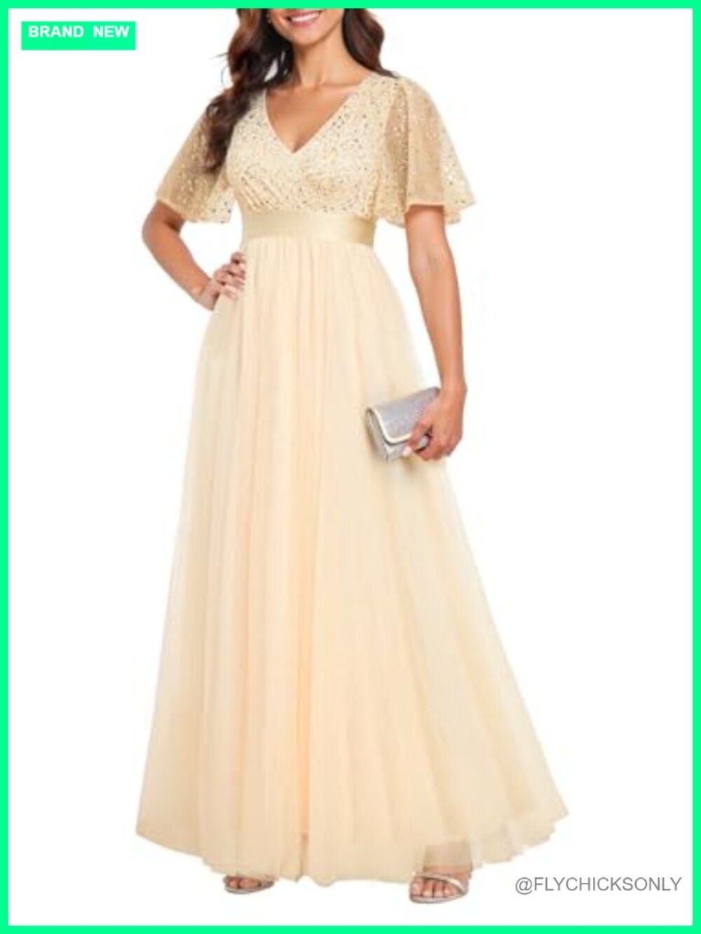 Sequin Tulle V Neck A Line Long Formal Prom Evening Gown